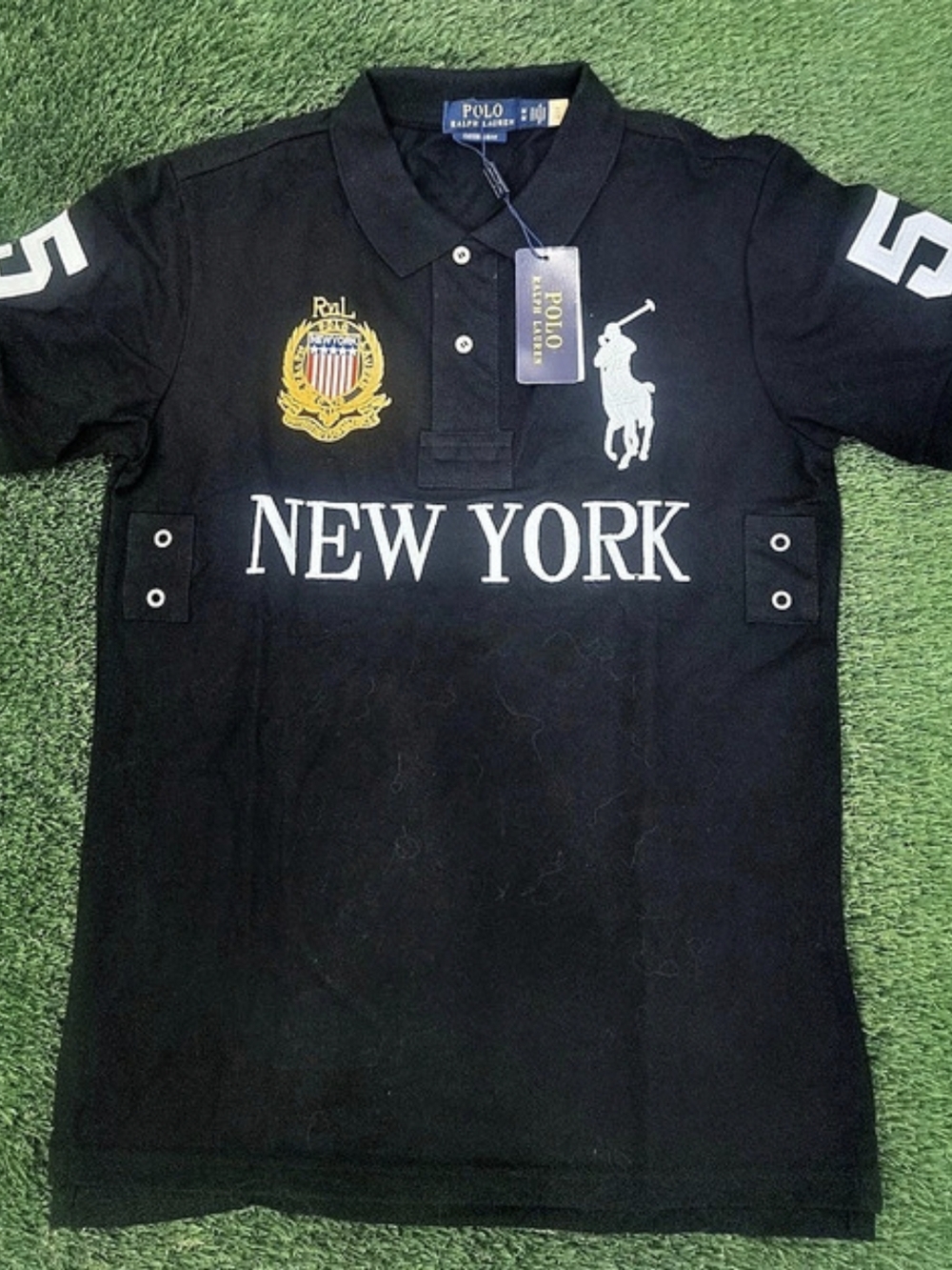 Polo Ralph Lauren Custom Slim Fit New York Mesh Polo Shirt Black & White Medium